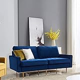 LongJiang Modernes Samt Stoff Sofa mit 2 Werfen Kissen 180 cm Breites Mid Century Moderne Wohnzimmercouch mit Metallbeinen 3 Sitze Büschel für Wohnzimmermöbel Blau