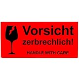 BT-Label 250 Warnetiketten Aufkleber 10,2 x 4,8 cm neon leuchtrot Umzugs-Etiketten Vorsicht zerbrechlich Glas Bruchgefahr Paketaufkleber handle with care