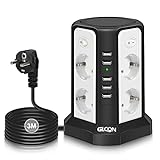 GLCON 8 Fach Steckdosenleiste überspannungsschutz mit USB(5V/5A), Mehrfachsteckdose mit 4 Schalter 2500W für Zuhause und Büro, Verteilersteckdose 3m Kabel Schwarz