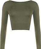 WearAll - Neu Damen Cropped Langarm T Shirt Kurz Schmucklos Rundhalsausschnitt Top - Khaki - 36/38