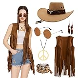 Ginkago Hippie Kostüm Set Cowgirl Western Outfit mit Fransenweste Hippie Ohrringe Brille Boho Armband Halskette Mode 60er 70er Jahre Bekleidung für Karneval Mottoparty