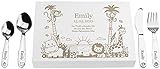 LAUBLUST Kinderbesteck mit Gravur - inkl. Personalisierte Geschenkbox aus Holz - Dschungel Motiv | Esslernbesteck Edelstahl, 4-teilig - Geschenk mit Namen für Kinder - Erinnerung an Baby & Kinderzeit