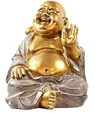 Generisch XXL MF Lachende Buddha Figur mit dickem Bauch Skulptur Deko Feng Shui Yoga Meditation in Gold/grau Höhe 33cm