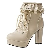 Etebella Damen Plateau Stiefeletten Blockabsatz High Heels Ankle Boots mit Schnürung Rockabilly Vintage Shoes(Beige,40)