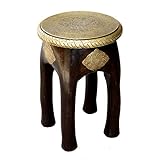 Casa Moro Orientalischer Sitzhocker Kamala H 45 x Ø 34 cm rund aus Massivholz Mango handgeschnitzt mit Messing verziert | Kunsthandwerk Pur | Vintage Holz-Hocker Beistelltisch | MA03-24