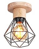 TOKIUS Deckenlampe, 16CM Vintage Deckenleuchte im Industrial Design Retro E27 Lampe aus Holz Eisen Käfig Pendelleuchte Schwarz (1 Stück)