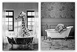Sunsightly Schwarz-Weiß-Tiere Badezimmer Foto Wandkunst Bilder Giraffe Elefant Lustige Poster Leinwand Malerei Drucke Badezimmer Dekoration Kein Rahmen