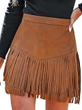 CUPSHE Damen Rock Herbst Winter Fransen Wildleder Rock, High Waist Western Outfit Minirock Mini Skirt, Braun, XL