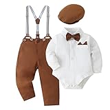 SOLOYEE Baby Jungen Bekleidungssets Taufanzug Strampler mit Fliege + Gentleman HosenträGer Baby Junge Hochzeit Outfit Set 4tlg Weiß, 3-6 Monate