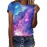 Galaxy Shirt Damen Stern Weltraum Tshirt Modische Festliche t-Shirts für Damen Galaxie Drucken Lässiges Crop Top Sportshirt Damen Tee Fit Glitzer Ausgefallene H