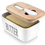 AISBUGUR Große Butterdose für 250g Butter, Butterdose mit Messer Keramik Butterdose Double-Layer-Silikon-Dichtung Butterdose mit Deckel, Gute Küche Geschenk (Weiß)