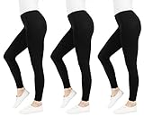 FM London, 3er-Pack Damen-Leggings, undurchsichtig, ideal für Freizeitkleidung, elastisch, Stretch Fit, Schwarz.