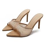THOYBMO High Heels Damen Sandalen mit Spitzer Stilettos Strasssteine Einzelriemen Pantoletten Party Pumps,Brown8.5cm,35