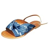 Keepwin Atmungsaktive Schnalle Denim Damen Sandalen Sommer Bogen Spitze Flache Mode Strand Schuhe Frauen Sandalen Elastische Sandalen, blau, 39 EU