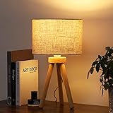 EDISHINE Nachttischlampe aus Holz, Stativ Tischlampe E27 Fassung, vintage beiger Lampenschirm aus Leinen, für Schlafzimmer, Wohnzimmer, CE-Zertifiziert