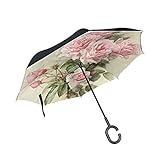 ISAOA Regenschirm, umgekehrter Regenschirm, Winddicht, doppellagige Konstruktion, seitenverkehrt Regenschirm für Auto Regen Outdoor, C-Regenschirm, selbststehend, Rosen, Blüten