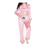 YUHOOE Pyjama Schlafanzug Damen Lang,Seide Pyjamas Frauen Gestreifte Lange Ärmel Set Satin Pyjama Pjs Loungewear 2 Stück Sommer Nachtwäsche Nachtwäsche,Pink,S.