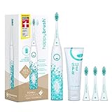 happybrush® Elektrische Schall-Zahnbürste Eco VIBE 3 - Nachhaltige Zahnbürste mit 6 Wochen Power-Akku inkl. 3 Aufsteckbürsten und Zahnpasta - Weiß/Mint