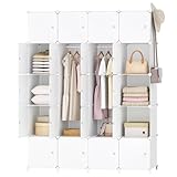 HOOBRO Kleiderschrank, Garderobenschrank, Modularer Kunststoffschrank mit 20 Würfel, Steckregalsystem mit Türen und Kleiderstange, 2 Hakenreihen, 145 x 46,5 x 183 cm, Weiß EWT45LY01