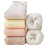 OLBUPS 3 Paar Wollsocken, Damen Winter Fleece Socken, verdickte warme Röhre Herbst und Winter Super Dicke Strümpfe, Kaffee + Cremeweiß + Rosa, Einheitsgröß