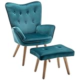 HollyHOME Ohrensessel mit Hocker Sessel mit Hocker Sessel Wohnzimmer & Schlafzimmer Samt Relaxsessel Lesesessel Lounge Sessels Armlehnensessel, Pfauengrü