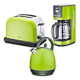 KHG Frühstücksset Wasserkocher, Toaster & Kaffeemaschine Lime-Grün, Kessel-Kocher 1,7 Liter, 360° Sockel, Kalkfilter, 2 Toastscheiben, 6 Röststufen, Funktionstasten, 12 Tassen, LCD-Display mit T