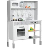 AIYAPLAY Kinderküche Spielküche mit Elektroherd, Mikrowelle, Spüle & Wasserhahn, Höhenverstellbar Puppenküche mit Kochgeschirrset, Rollenspielküchenzubehör für 3-8 Jahre Kinder, Weiß