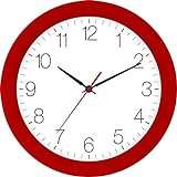 Eurotime Funkwanduhr, 30 cm, Rot, Kunststoffgehäuse, gewölbtes Echtglas, automatische Zeitein- und Zeitumstellung von Sommer- und Winterzeit, klares Zifferblatt, 52800-01-2