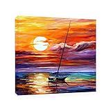 Große Wand Bilder für Wohnzimmer. Fischerboot bei Sonnenuntergang. Abstraktes Leinwandbild. Leinwanddruck. Home Decor Poster 80x80cm(31,5x31,5') gerahmt