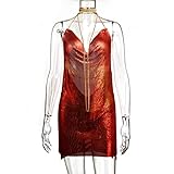 YSWPNA Damen V-Ausschnitt Spaghettiträger rückenfreies Metall Slip Kleid Partykleid Kurz Kleider Rot |||XS