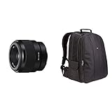 Sony SEL-50F18F Standard Objektiv (Festbrennweite, 50 mm, F1.8, Vollformat, geeignet , E-Mount) schwarz & Amazon Basics Rucksack für DSLR-Kamera und Laptop (oranges Interieur)