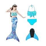 LJINPIN Mädchen Meerjungfrauenschwanz mit Bikini und Monoflosse, Badeanzug zum Schwimmen, Meerjungfrau Prinzessin Schwimmanzug 4 Stück Set für Kinder (130)