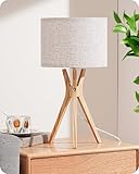 EDISHINE Nachttischlampe Holz, LED Tischlampe Wohnzimmer, Tisch Lampe Vintage mit Kabel, Leinen Lampenschirm, Landhausstil, E27 Lampe, Stativ für Schlafzimmer, Wohnzimmer, Geschenk, Beige N