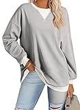 Aleumdr Sweatshirt Damen Oversized Farbblock Langarmshirts Lose Rundhals Oberteile Herbst Y2K Shirt Pullover Grau Größe X-Groß