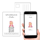 Personalisiertes Geldgeschenk | Digitales Sparbuch | QrCode Postkarte DIN A6 inkl. Briefumschlag und Anhänger | Motiv Baby Girl