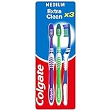 Colgate Zahnbürste Extra Clean, 3 Stück – Handzahnbürste mit mittelharten Borsten erreicht die Zahnzwischenräume sowie hinteren Zähne – Zahnreinigung mit integriertem Zungenreinig
