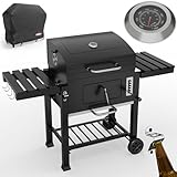 ONBEST Holzkohlegrill mit Grillrost aus Gusseisen – PLUS Abdeckung - XXL BBQ Grill mit Deckel – mobiler Grillwagen mit klappbaren Ablagen – Grillrostverstellung –Thermometer – Flaschenö
