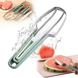 2024 Neu Wassermelonen Schneider, 3-in-1 Melonenschneider Obstschneider aus Edelstahl, Obstgabeln-Schneidemesser, Sommer Wassermelonen-Fruchtschneidegabel (Grün)
