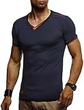 Leif Nelson Herren T-Shirt V-Ausschnitt Sweatshirt Longsleeve Basic Shirt Hoodie Slim Fit LN1355; Größe M, Dunkel Blau