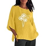 Sommer Damen 3 von 4 Ärmeln Rundhalsausschnitt Blumen Bedruckte lose Top T-Shirts Lässige Leinen Tunika T-Shirt Bluse Leichte Sommer T-Shirts Damen (Yellow, S)