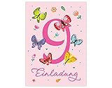 Junapack 12 Einladungskarten zum 9. Kindergeburtstag neunte Geburtstag Mädchen Schmetterlinge