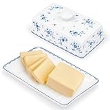fanquare Blau Blumen Keramik Butterdose mit Deckel und Griff für 250 g Butter, Groß Butterschale Porzellan, Hochwertige Butterglocke
