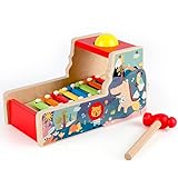 Jacootoys Xylophon Bank 2 in 1 Holz Musikspielzeug Kleinkind Baby Hämmern Spiel Stampfen Set für Jungen und Mädchen
