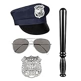 Boland 01410 - Polizei-Set, Mütze, Partybrille, Abzeichen und Knüppel 33 cm, schwarz-silber, , Sheriff, Polizist, Kostüm, Karneval, Mottoparty