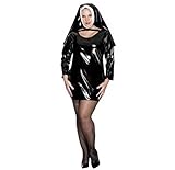YGZHANYUANOKU Club Wet Look PVC-Nonnen-Uniform, figurbetontes Kleid mit Kopfbedeckung, Kunstlatex, Nonne, lustiges Cosplay-Kostüm, Kleid, Halloween, Party, personalisierbar, Schwarz, Größe S