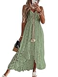 CUPSHE Damen Sommerkleid V Ausschnitt Floral Spitze Quasten Spaghetti Trägerkleid Freizeitkleider Hi-Low Party Boho Beach Maxi Dress Grün M