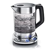 Arendo - Rauchglas Glas Wasserkocher mit Temperatureinstellung - Edelstahl - Warmhaltefunktion 30min - 1,5 Liter Füllmenge - Borosilikatglas - Basisstation aus Edelstahl - Modernes Desig