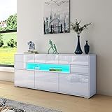 Generic LED Sideboard für Wohnzimmer Hochglanz Buffet Schrank Vitrine 150cm TV Einheit Stand 3 Türen 5 Schubladen TV Lowboard Möbel Weiß