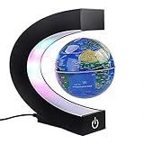 Schwimmender Globus mit farbigen LED-Lichtern C-Form Anti-Schwerkraft-Magnetschwebebahn Rotierende Weltkarte für Geschenk Home Office Schreibtischdekoration (Mit Schalter, Blau)