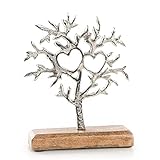 Logbuch-Verlag dekorative Baum Figur Silber braun 20 cm mit Zwei Herzen - Baumfigur zum Hinstellen aus Metall und Holz